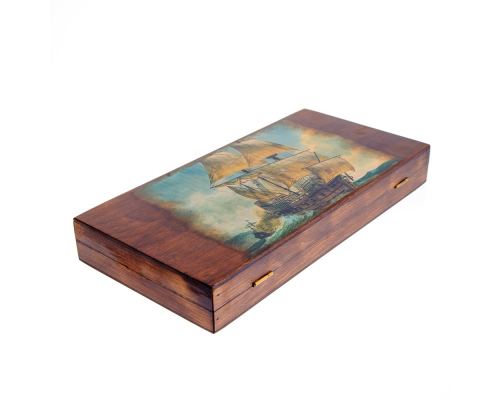 Backgammon Game Set - Wooden Handmade - "Sailng Ship" Design - Medium