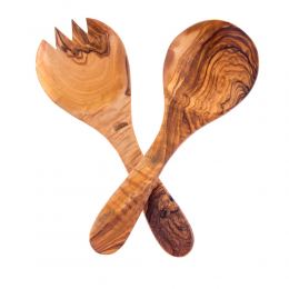Olive Wood Kitchen Serving Utensils Handmade, Wooden Salad or Fruit Spoon & Fork Set 10' (26cm) 02