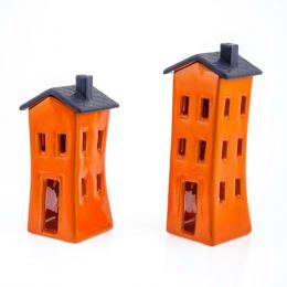 Orange Candle Lanterns Set, House Design - Modern Handmade Ceramic, Large & Small