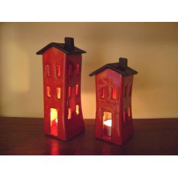 Red Candle Lantern, House Design - Modern Handmade Ceramic - Large