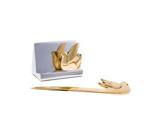 Desk Accessories Set of 2 - Bird Design - Handmade Solid Metal - Letter Opener, Business Card Holder