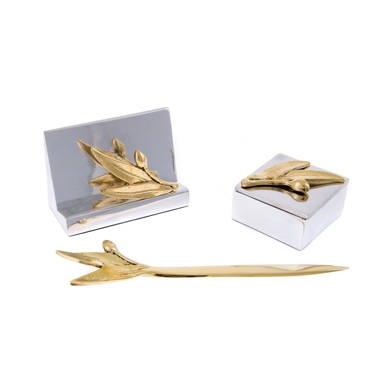 Desk Accessories Set of 3 - Olive Branch Design - Handmade Solid Metal -  Decorative Storage Box, Business Card Holder & Letter Opener