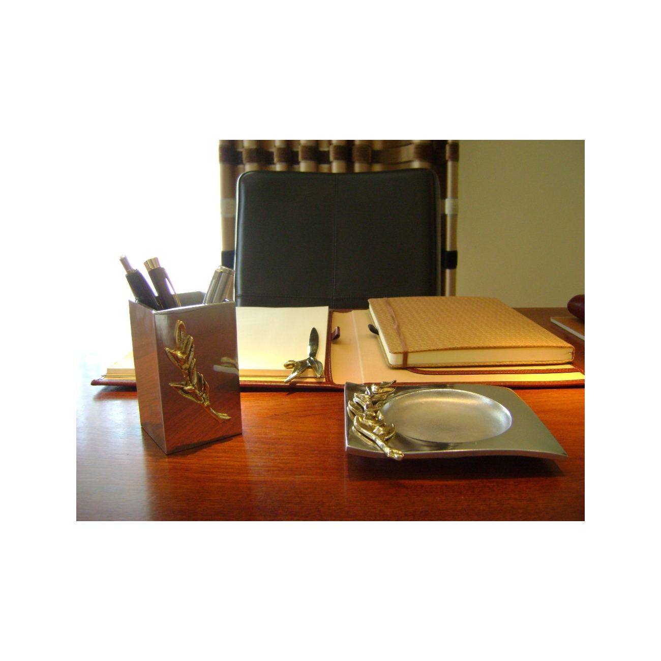 Desk Accessories Set of 2 - Olive Branch Design - Handmade Solid Metal -  Ashtray & Pen or Pencil Holder. Desk Set Gift