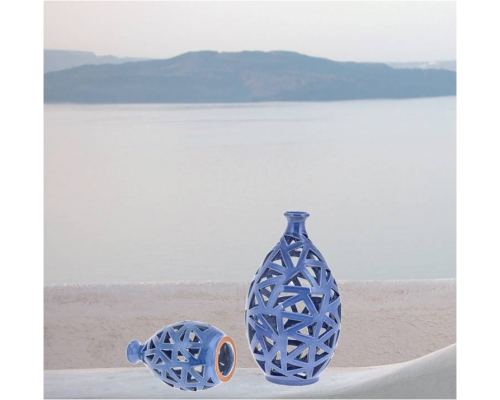 Tea light Candle Lanterns Set of 2, Glossy Blue Color - Modern Handmade Ceramic - Large & Small