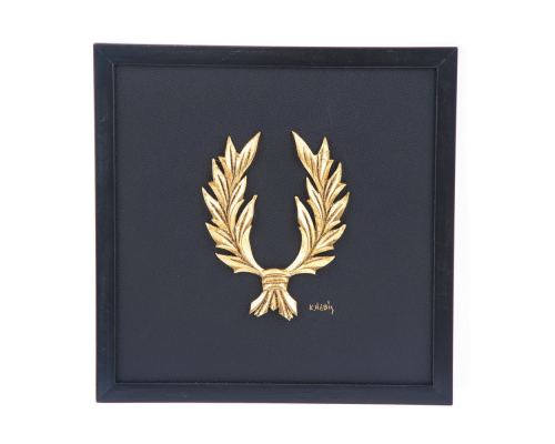 Antefix, Laurel wreath, Athenian Owl Coin, Designs - Gold Patinated on Black Leather, Set - Wall or Table Ornaments