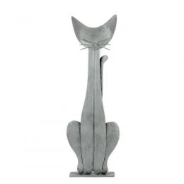 Cat Figure - Wall Art & Tabletop Decor, Handmade Metal Sculpture - Silver Color 11.0" (28cm)