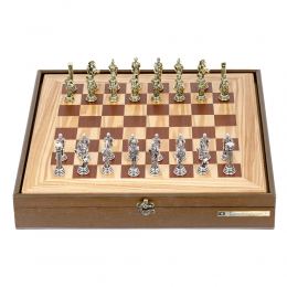 Olive Wood Chess Set in Brown Wooden Box, Metallic Chess Pieces, Roman Style, 41x41cm