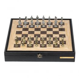 Olive Wood Chess Set in Black Wooden Box, Metallic Chess Pieces, Roman Style, 41x41cm