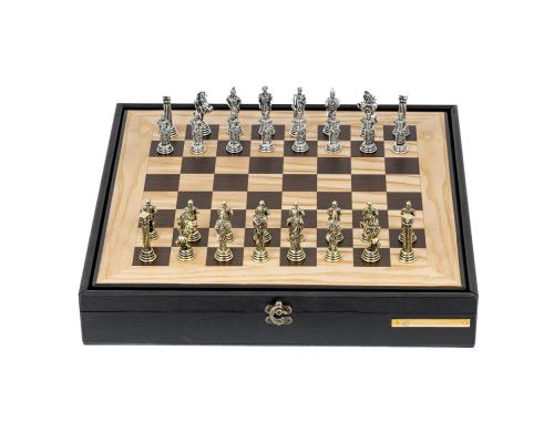 Olive Wood Chess Set in Black Wooden Box, Metallic Chess Pieces, Roman Style, 41x41cm