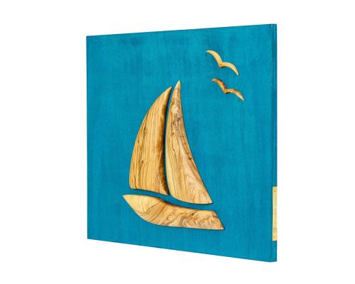Olive Wood Sailboat, Modern Wall Decor, Blue Wooden Background, Design A 2