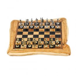 Olive Wood Handmade Premium Quality Rustic Style Chess Set, Metallic Chess Pieces Roman Style, 42x42cm
