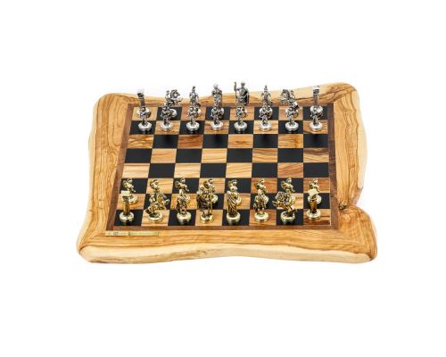 Olive Wood Handmade Premium Quality Rustic Style Chess Set, Metallic Chess Pieces Roman Style, 42x42cm