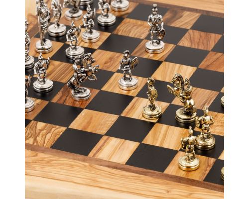 Olive Wood Handmade Premium Quality Rustic Style Chess Set, Metallic Chess Pieces 4