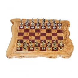 Olive Wood & Purple Heart Wood, Handmade Premium Quality, Rustic Style Chess Set, Metallic Chess Pieces Roman Style, 42x42cm