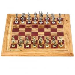 Σκάκι Πολυτελείας Χειροποίητο από Ξύλο Ελιάς και Ξύλο Purple Heart με Μεταλλικά Πιόνια Ρωμαικού Στυλ, 42x42cm