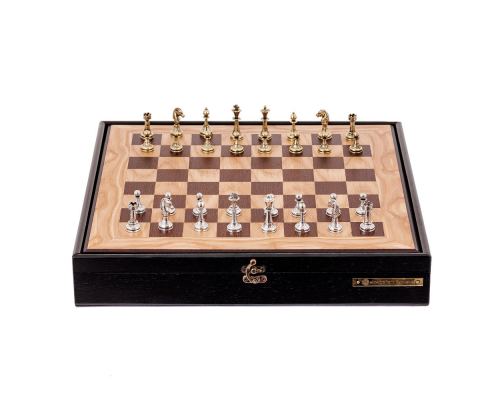 Olive Wood Chess Set in Black Wooden Box, Metallic Chess Pieces Classic Style, 41x41cm