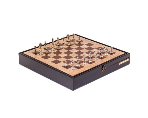 Olive Wood Chess Set in Black Wooden Box, Metallic Chess Pieces Classic Style, 41x41cm 2