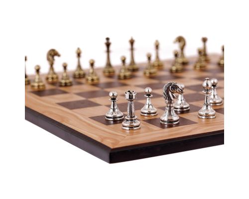 Olive Wood Chess Set, with Black Squares & Metallic Chess Pieces Classic Style. 38x38 cm 2