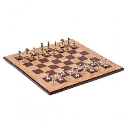 Olive Wood Chess Set, with Black Squares & Metallic Chess Pieces Classic Style, 38x38 cm