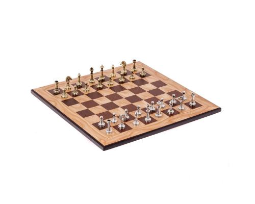 Olive Wood Chess Set, with Black Squares & Metallic Chess Pieces Classic Style, 38x38 cm
