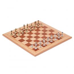 Olive Wood Chess Set, with Brown Squares & Metallic Chess Pieces Classic Style, 38x38 cm
