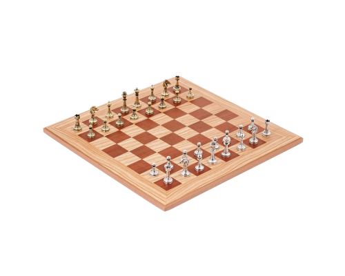 Olive Wood Chess Set, with Brown Squares & Metallic Chess Pieces Classic Style, 38x38 cm
