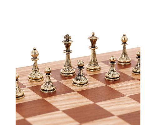 Olive Wood Chess Set, with Brown Squares & Metallic Chess Pieces Classic Style. 38x38 cm 3