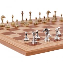 Olive Wood Chess Set, with Brown Squares & Metallic Chess Pieces Classic Style. 38x38 cm 2