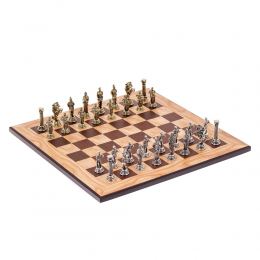 Σετ Σκάκι, Σκακιέρα Ελιάς με Μαύρα Τετράγωνα & Μεταλλικά Πιόνια Ρωμαικού Στυλ, 38x38 cm