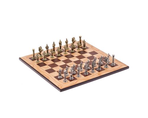 Σετ Σκάκι, Σκακιέρα Ελιάς με Μαύρα Τετράγωνα & Μεταλλικά Πιόνια Ρωμαικού Στυλ, 38x38 cm