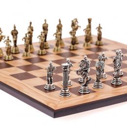 Olive Wood Chess Set, with Black Squares & Metallic Chess Pieces Roman Style. 38x38 cm 2