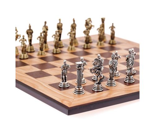 Olive Wood Chess Set, with Black Squares & Metallic Chess Pieces Roman Style. 38x38 cm 2