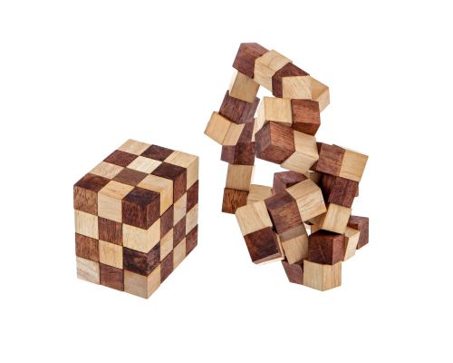 "Double Loop Snake" Brain Teaser Game - Handmade Wooden Cube Mind Puzzle
