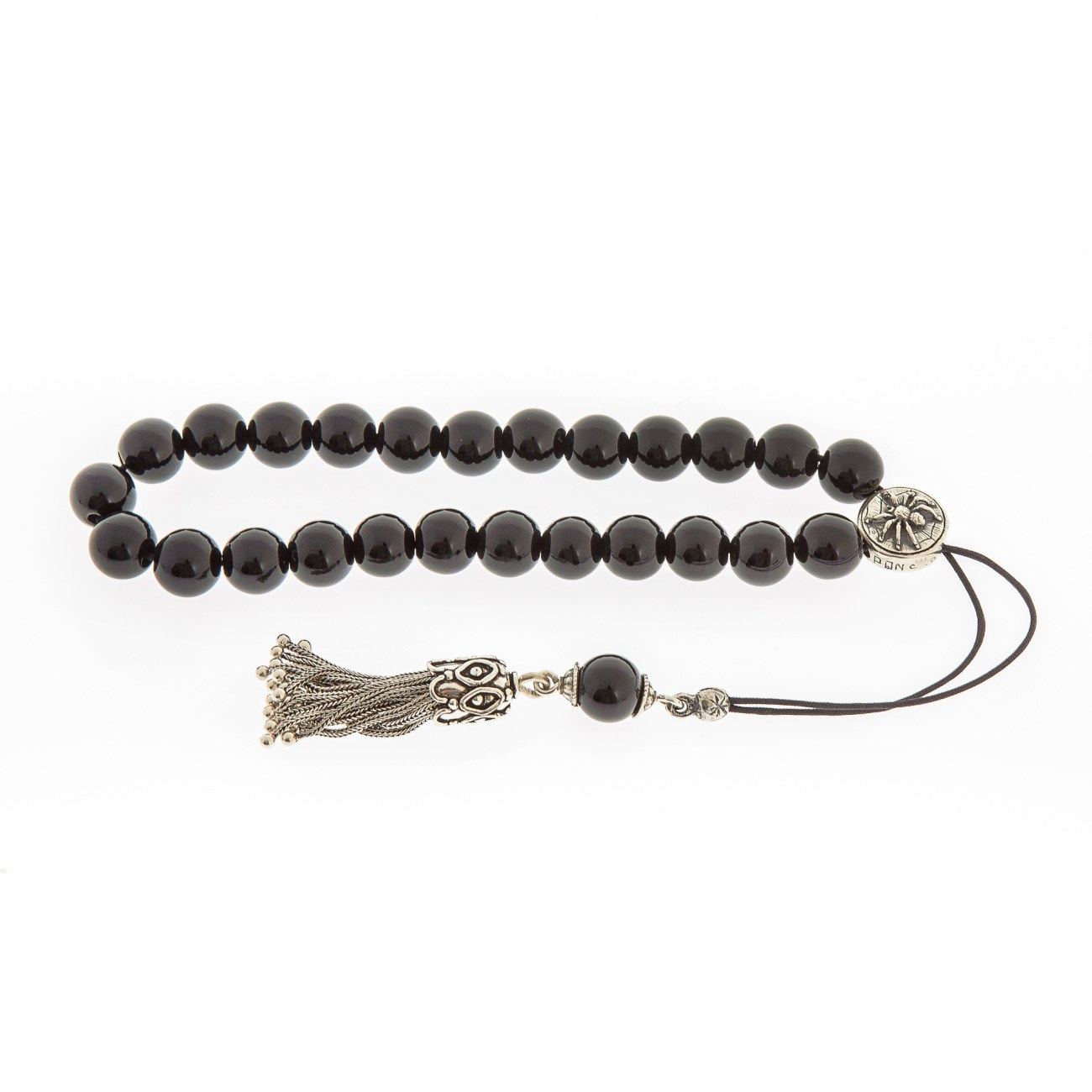 Greek Worry Beads, Handmade of Onyx Gemstones - Silk Cord & 925 ...