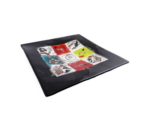 Decorative Square Platter, Handmade Fused Glass Centerpiece, Black Frame Patchwork Design 35cm (13.8'')